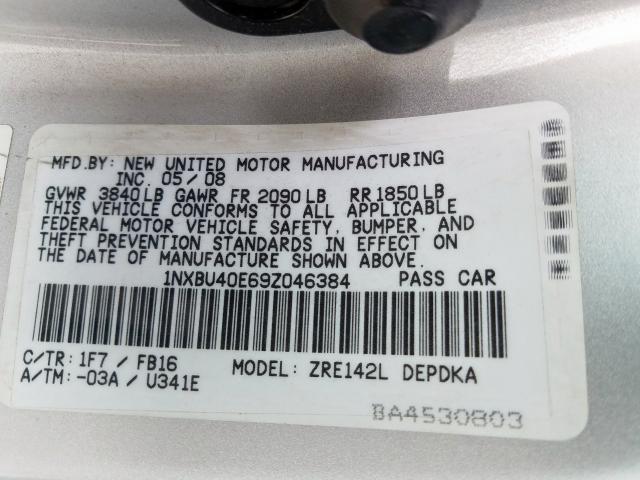 1NXBU40E69Z046384 - 2009 TOYOTA COROLLA BASE  照片 10