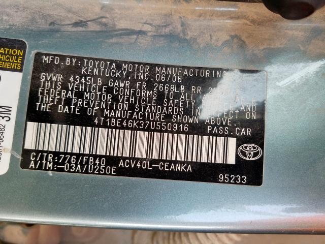 4T1BE46K37U550916 - 2007 TOYOTA CAMRY CE  photo 10