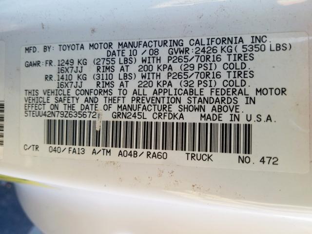 5TEUU42N79Z635672 - 2009 TOYOTA TACOMA ACCESS CAB  ფოტო 10