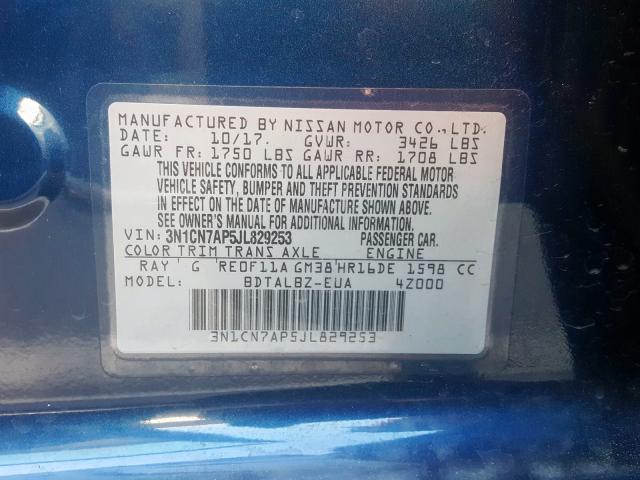 3N1CN7AP5JL829253 - 2018 NISSAN VERSA S BLUE photo 10