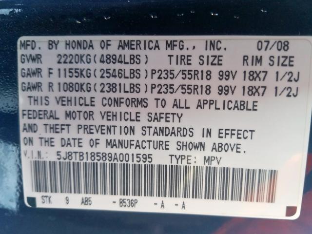 5J8TB18589A001595 - 2009 ACURA RDX TECHNOLOGY  photo 10