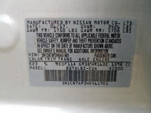 3N1CN7AP3HK461901 - 2017 NISSAN VERSA S  photo 10