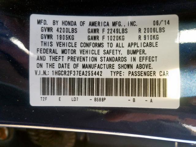 1HGCR2F37EA255442 - 2014 HONDA ACCORD LX  photo 10