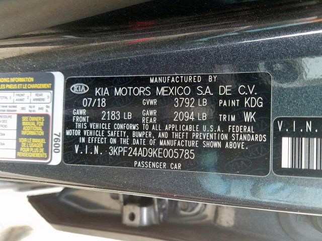 3KPF24AD9KE005785 - 2019 KIA FORTE FE  photo 10