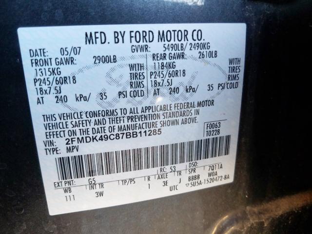 2FMDK49C87BB11285 - 2007 FORD EDGE SEL PLUS  photo 10