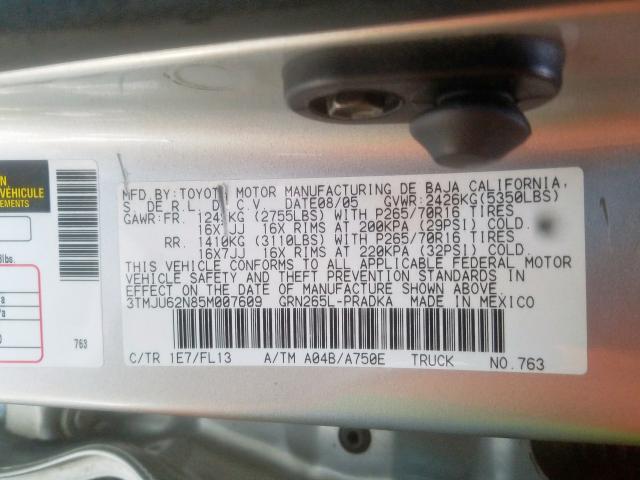 3TMJU62N85M007609 - 2005 TOYOTA TACOMA DOUBLE CAB PRERUNNER  photo 10