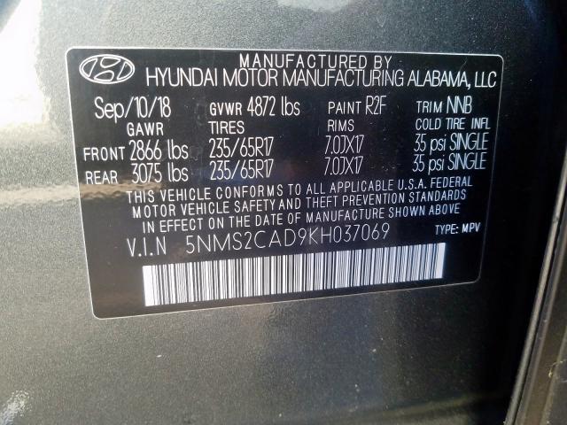 5NMS2CAD9KH037069 - 2019 HYUNDAI SANTA FE SE  photo 10