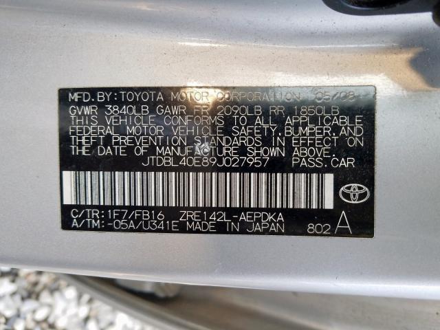 JTDBL40E89J027957 - 2009 TOYOTA COROLLA BASE  photo 10