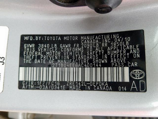 2T1BU4EE6AC400144 - 2010 TOYOTA COROLLA BASE  photo 10