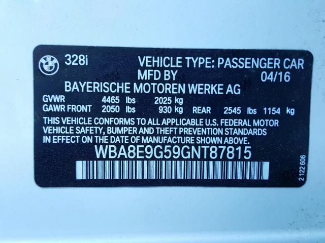 WBA8E9G59GNT87815 - 2016 BMW 328 I SULEV  photo 10