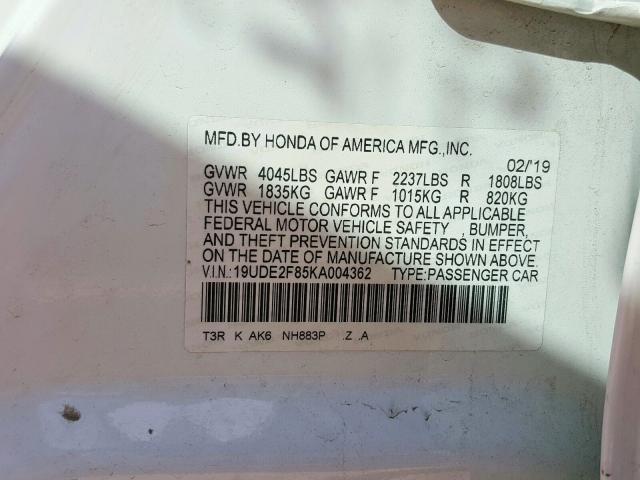 19UDE2F85KA004362 - 2019 ACURA ILX PREMIUM TECH  photo 10