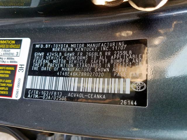4T4BE46K78R027020 - 2008 TOYOTA CAMRY CE  photo 10