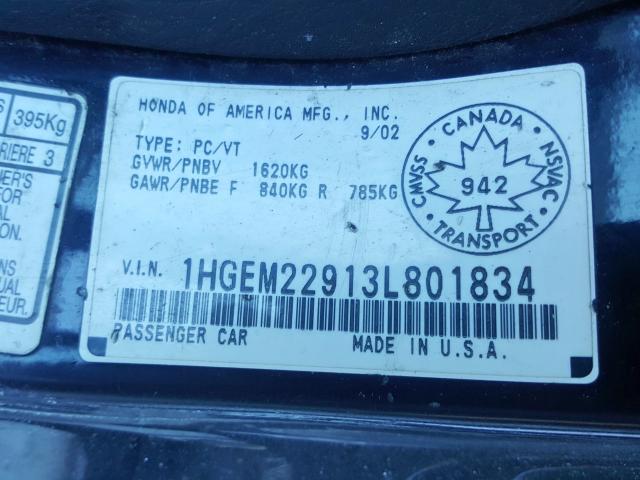 1HGEM22913L801834 - 2003 HONDA CIVIC EX  photo 10