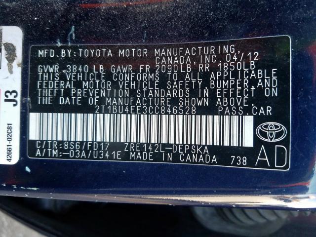 2T1BU4EE3CC846528 - 2012 TOYOTA COROLLA BASE  photo 10