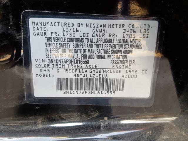 3N1CN7AP3HL816558 - 2017 NISSAN VERSA S  photo 10