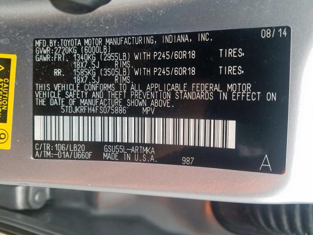 5TDJKRFH4FS075886 - 2015 TOYOTA HIGHLANDER XLE  ფოტო 10