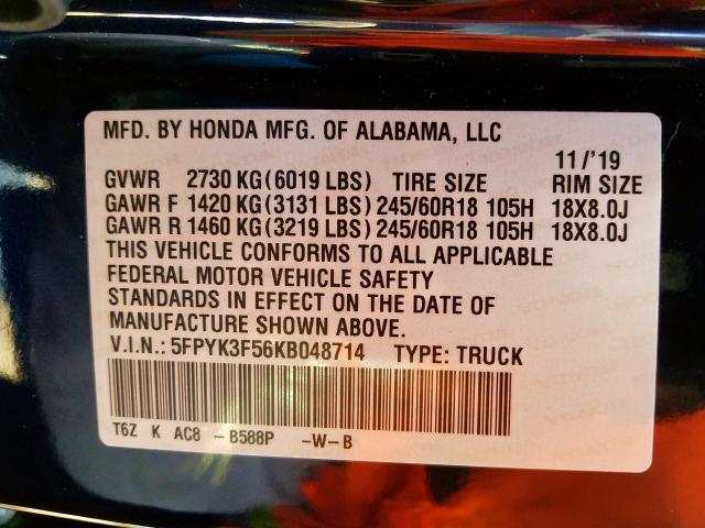 5FPYK3F56KB048714 - 2019 HONDA RIDGELINE RTL  photo 10