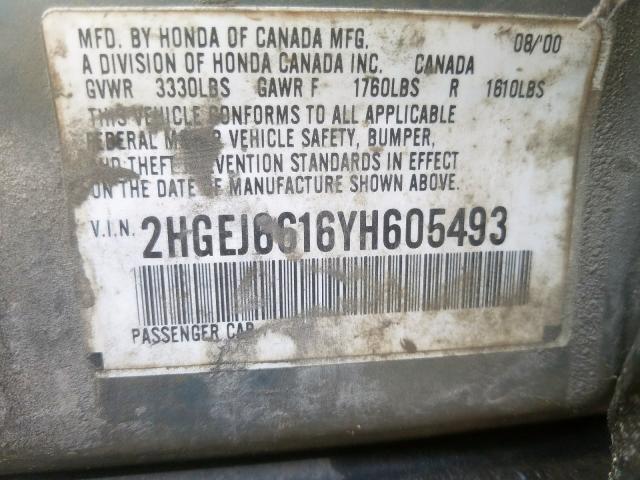 2HGEJ6616YH605493 - 2000 HONDA CIVIC BASE  foto 10