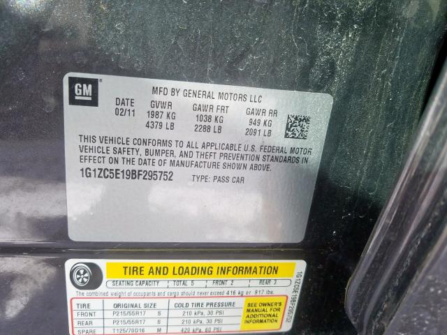 1G1ZC5E19BF295752 - 2011 CHEVROLET MALIBU 1LT  照片 10