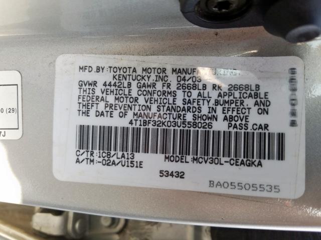 4T1BF32K03U558026 - 2003 TOYOTA CAMRY LE  photo 10