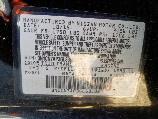 3N1CN7AP3GL835089 - 2016 NISSAN VERSA S  photo 10