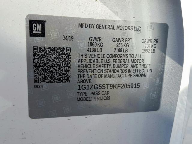 1G1ZG5ST9KF205915 - 2019 CHEVROLET MALIBU RS  photo 10