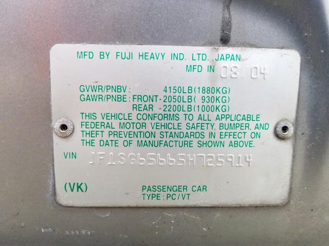 JF1SG65665H725914 - 2005 SUBARU FORESTER 2.5XS  photo 10