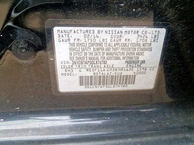 3N1CN7AP3GL874782 - 2016 NISSAN VERSA S  photo 10