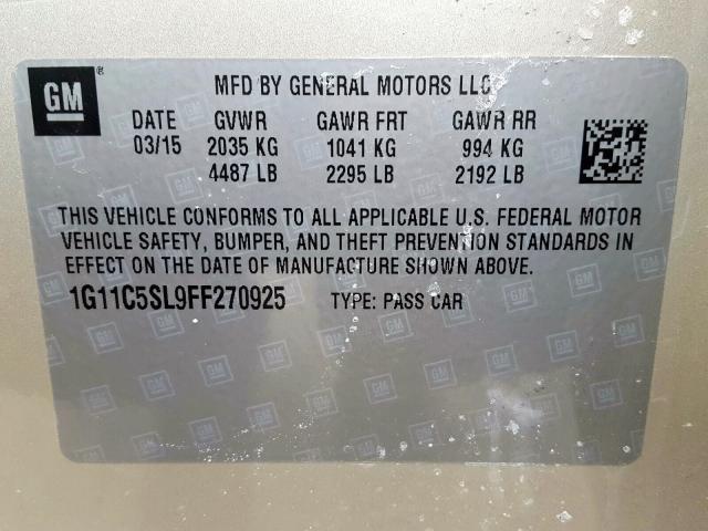 1G11C5SL9FF270925 - 2015 CHEVROLET MALIBU 1LT  照片 10