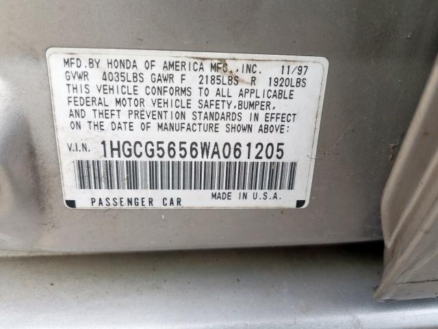 1HGCG5656WA061205 - 1998 HONDA ACCORD EX  photo 10