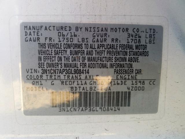 3N1CN7AP3GL908414 - 2016 NISSAN VERSA S  photo 10