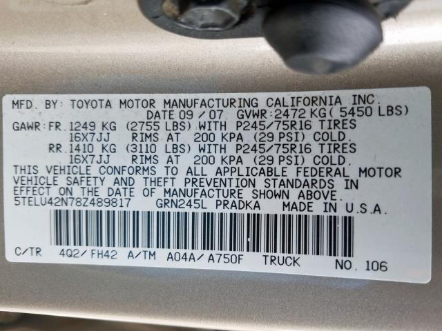 5TELU42N78Z489817 - 2008 TOYOTA TACOMA DOUBLE CAB  照片 10