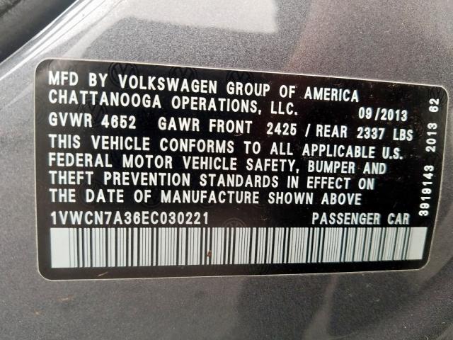 1VWCN7A36EC030221 - 2014 VOLKSWAGEN PASSAT SEL  photo 10