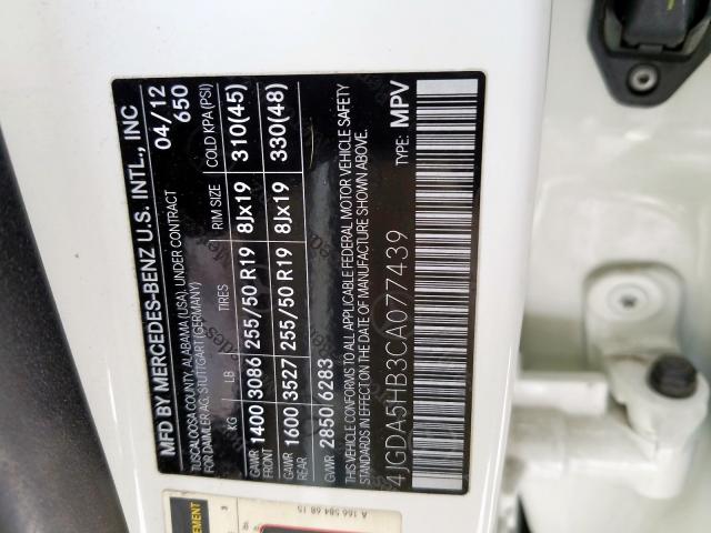 4JGDA5HB3CA077439 - 2012 MERCEDES-BENZ ML 350 4MATIC  photo 10