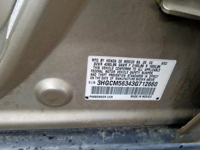 3HGCM56343G712660 - 2003 HONDA ACCORD LX  photo 10