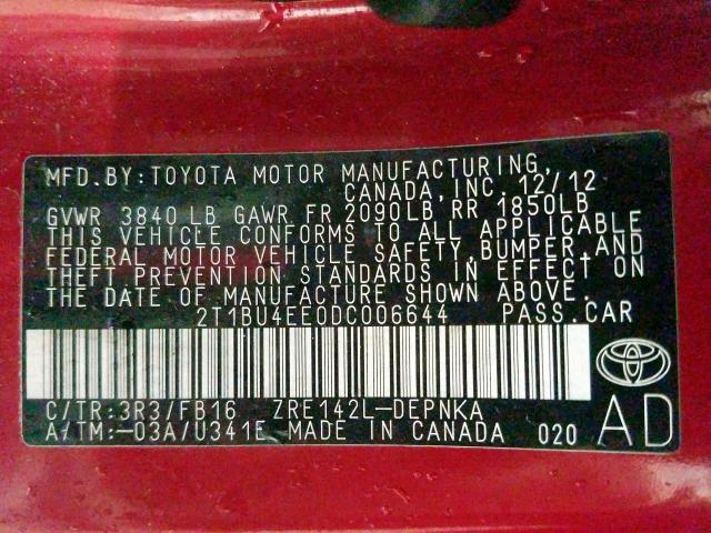 2T1BU4EE0DC006644 - 2013 TOYOTA COROLLA BASE  照片 10