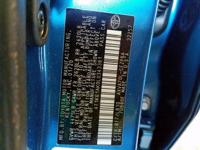 4T1K61AK0LU343381 - 2020 TOYOTA CAMRY XSE  photo 10