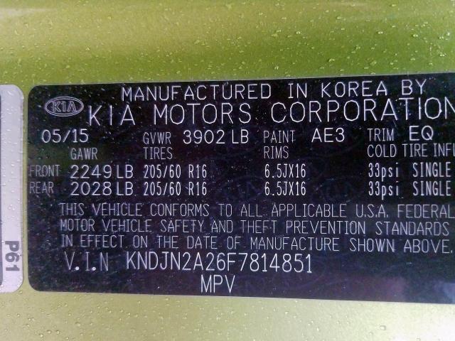 KNDJN2A26F7814851 - 2015 KIA SOUL  photo 10