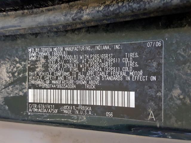 5TBDT441X6S540084 - 2006 TOYOTA TUNDRA DOUBLE CAB SR5  photo 10