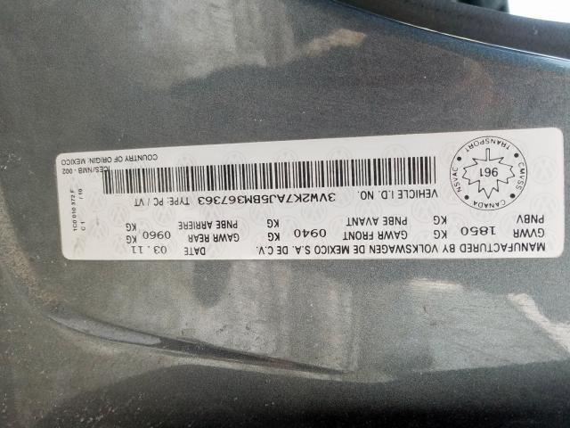 3VW2K7AJ5BM367363 - 2011 VOLKSWAGEN JETTA BASE  照片 10