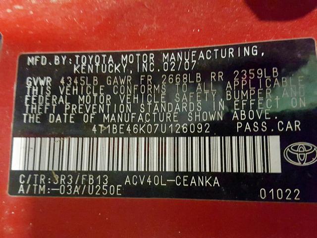 4T1BE46K07U126092 - 2007 TOYOTA CAMRY CE  photo 10