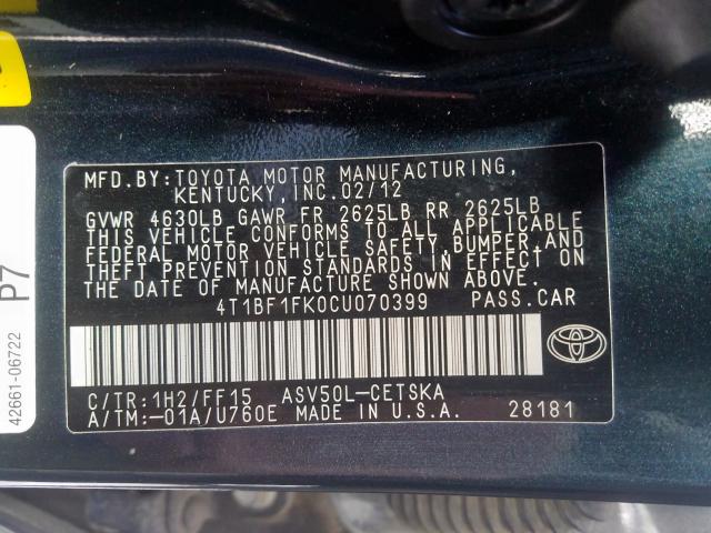 4T1BF1FK0CU070399 - 2012 TOYOTA CAMRY BASE  photo 10