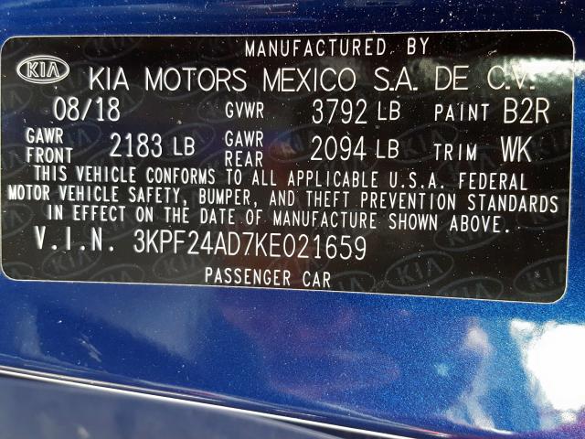 3KPF24AD7KE021659 - 2019 KIA FORTE FE  photo 10