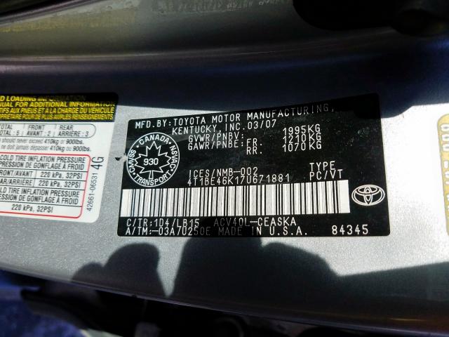 4T1BE46K17U671881 - 2007 TOYOTA CAMRY CE  photo 10