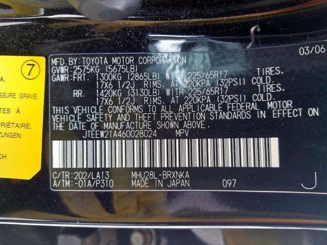 JTEEW21A460028024 - 2006 TOYOTA HIGHLANDER HYBRID  photo 10