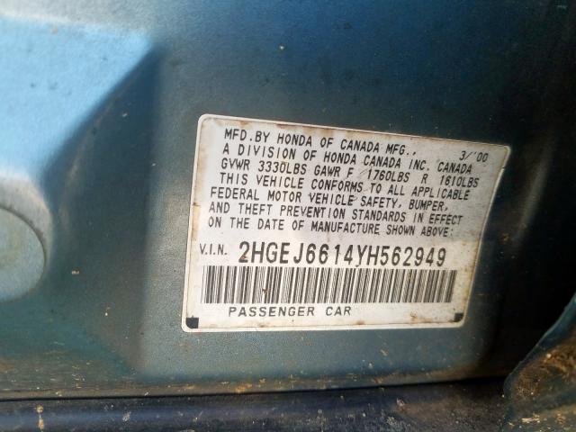 2HGEJ6614YH562949 - 2000 HONDA CIVIC BASE  photo 10