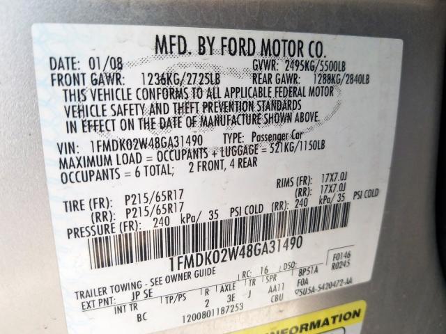 1FMDK02W48GA31490 - 2008 FORD TAURUS X SEL  photo 10