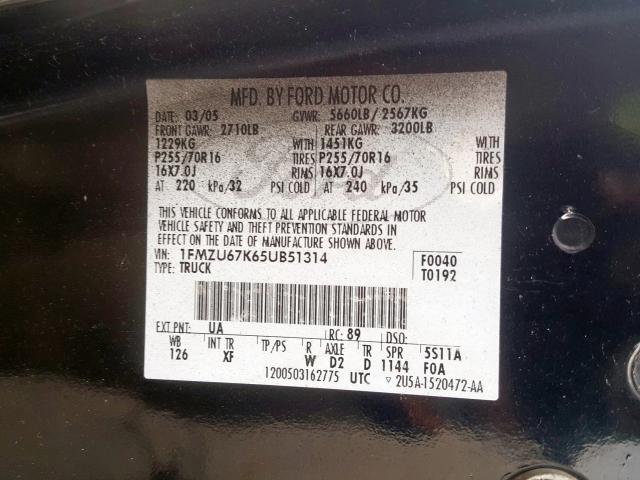 1FMZU67K65UB51314 - 2005 FORD EXPLORER SPORT TRAC  photo 10