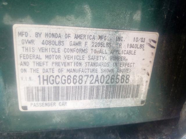 1HGCG66872A026568 - 2002 HONDA ACCORD EX  photo 10