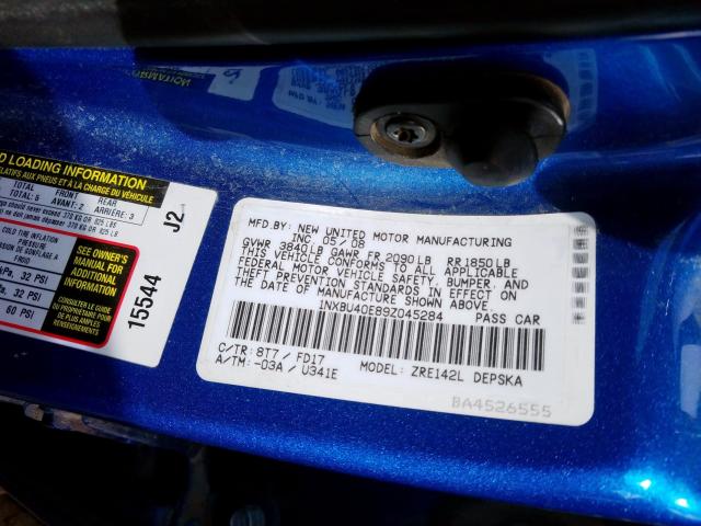 1NXBU40E89Z045284 - 2009 TOYOTA COROLLA BASE  照片 10